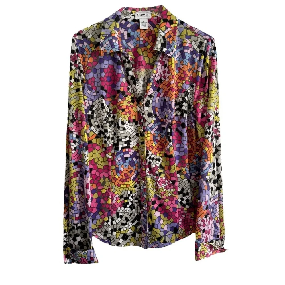 CARMEN MARC VALVO MOSAIC STAINED GLASS BUTTON DOWN SHIRT TOP SZ L - Picture 2 of 8